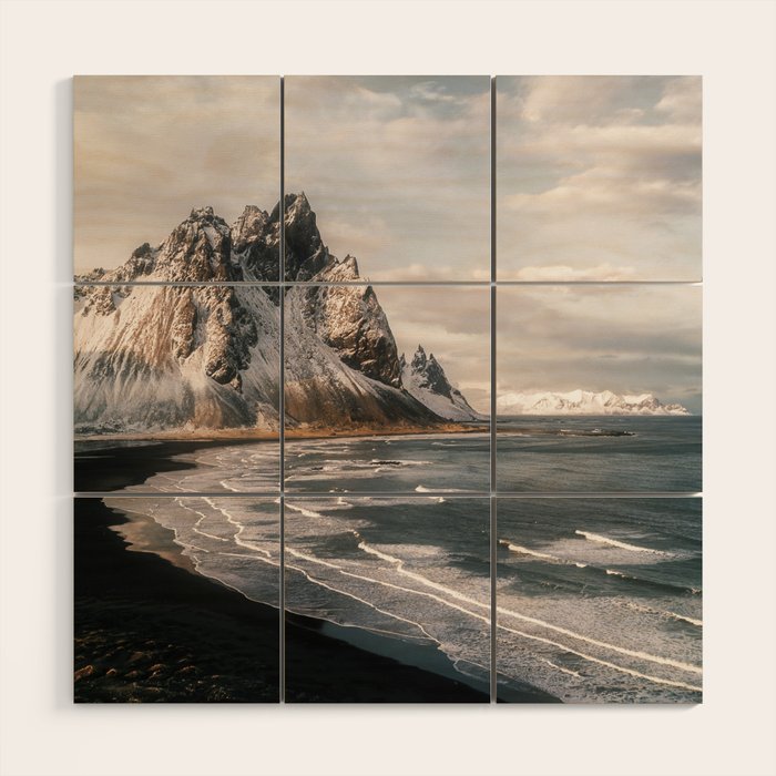 Stokksnes Icelandic Mountain Beach Sunset - Landscape Photography Wood Wall Art Gallery Image 1