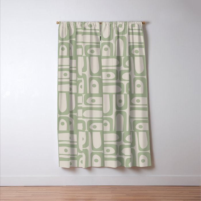 Sage Green Mid Century Modern Piquet Geometric Multi Pattern on Muted Beige Window Curtain Gallery Image 3