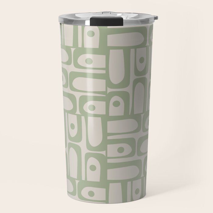 Sage Green Mid Century Modern Piquet Geometric Multi Pattern on Muted Beige Travel Mug Gallery Image 1