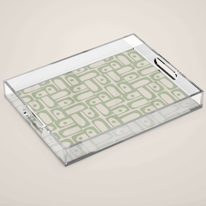 Sage Green Mid Century Modern Piquet Geometric Multi Pattern on Muted Beige Acrylic Tray Gallery Image 1