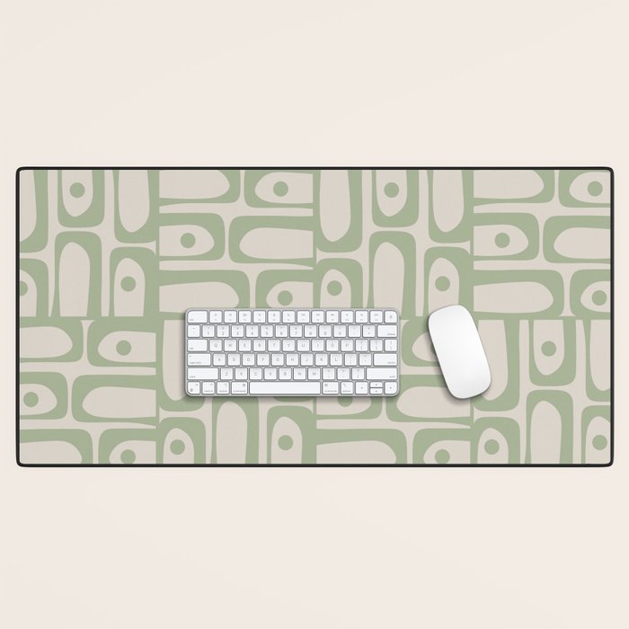 Sage Green Mid Century Modern Piquet Geometric Multi Pattern on Muted Beige Desk Mat Gallery Image 1