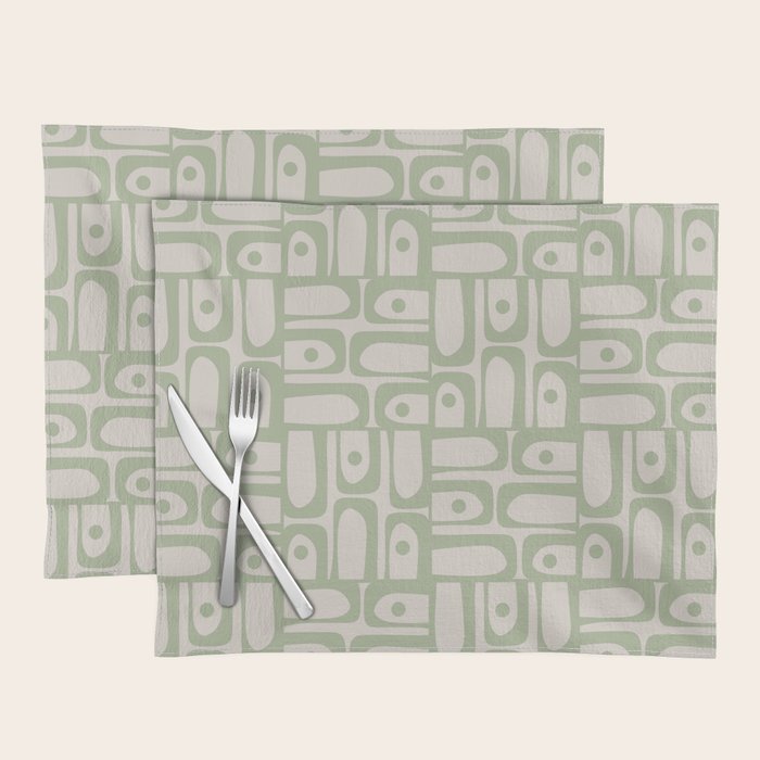 Sage Green Mid Century Modern Piquet Geometric Multi Pattern on Muted Beige Placemat Gallery Image 1