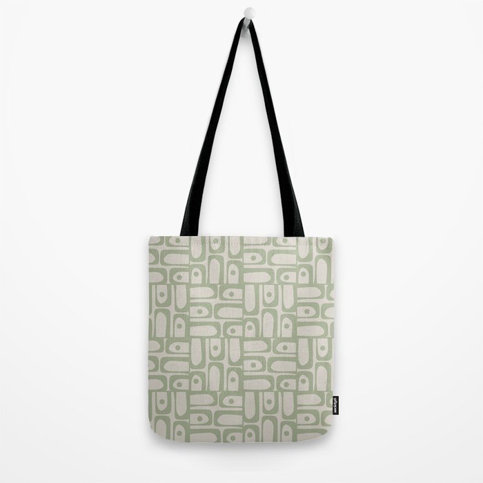 Sage Green Mid Century Modern Piquet Geometric Multi Pattern on Muted Beige Tote Bag Gallery Image 2
