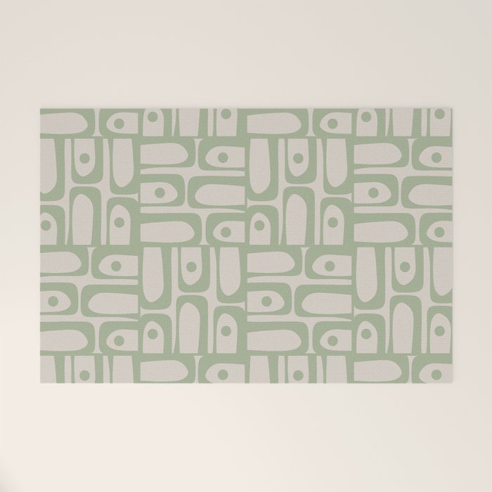 Sage Green Mid Century Modern Piquet Geometric Multi Pattern on Muted Beige Welcome Mat Gallery Image 1