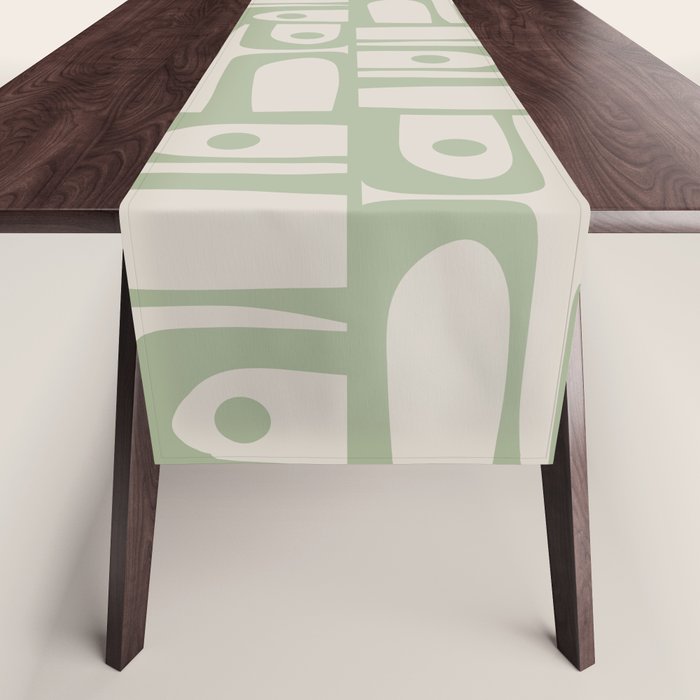 Sage Green Mid Century Modern Piquet Geometric Multi Pattern on Muted Beige Table Runner Gallery Image 1