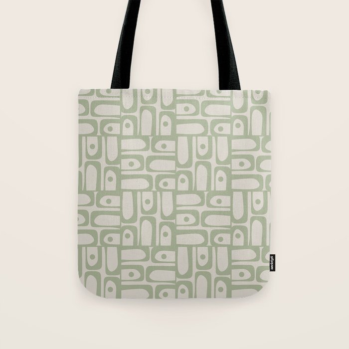 Sage Green Mid Century Modern Piquet Geometric Multi Pattern on Muted Beige Tote Bag Gallery Image 1