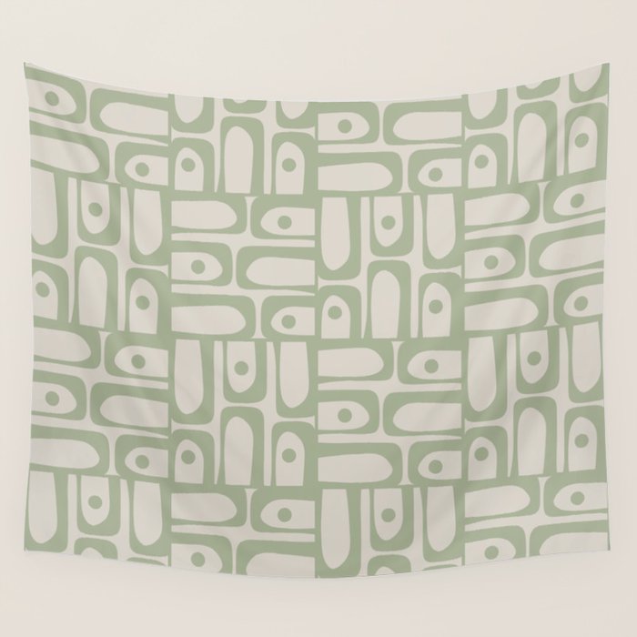 Sage Green Mid Century Modern Piquet Geometric Multi Pattern on Muted Beige Wall Tapestry Gallery Image 4
