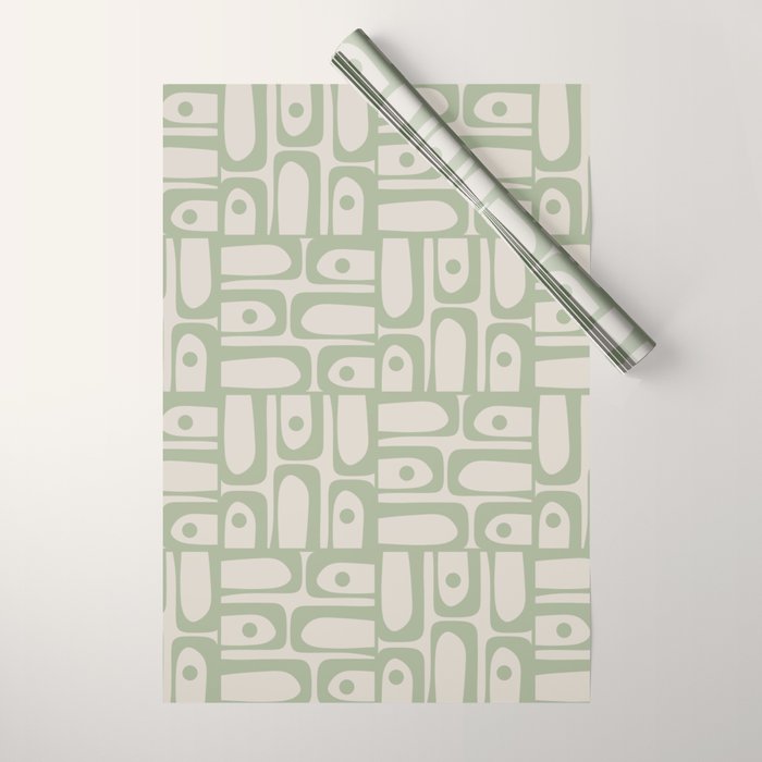 Sage Green Mid Century Modern Piquet Geometric Multi Pattern on Muted Beige Wrapping Paper Gallery Image 1