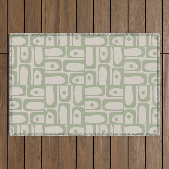 Sage Green Mid Century Modern Piquet Geometric Multi Pattern on Muted Beige Outdoor Rug Gallery Image 1