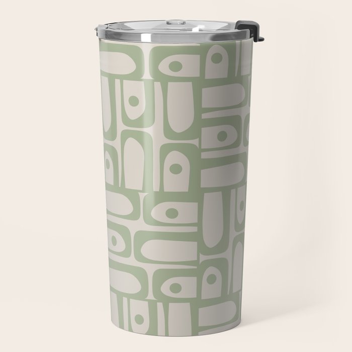 Sage Green Mid Century Modern Piquet Geometric Multi Pattern on Muted Beige Travel Mug Gallery Image 2