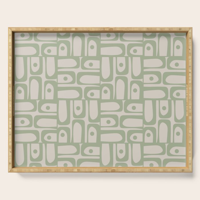 Sage Green Mid Century Modern Piquet Geometric Multi Pattern on Muted Beige Serving Tray Gallery Image 1