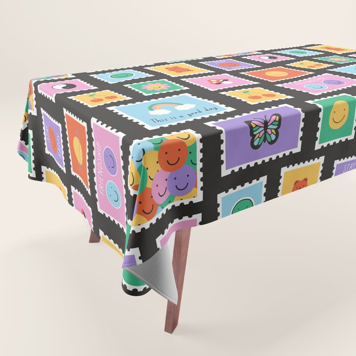 Retro funny cartoon postage stamp sticker pattern Tablecloth Gallery Image 1