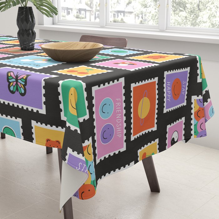 Retro funny cartoon postage stamp sticker pattern Tablecloth Gallery Image 3