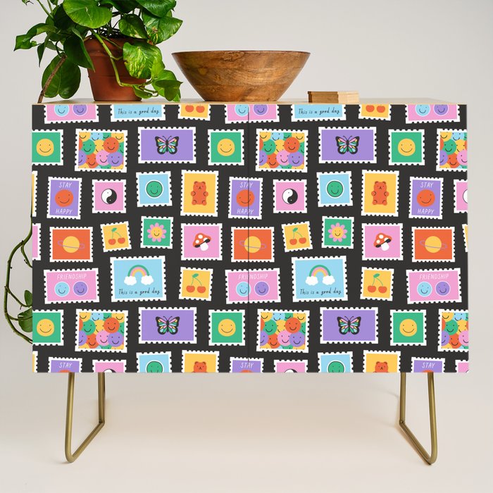 Retro funny cartoon postage stamp sticker pattern Credenza Gallery Image 1