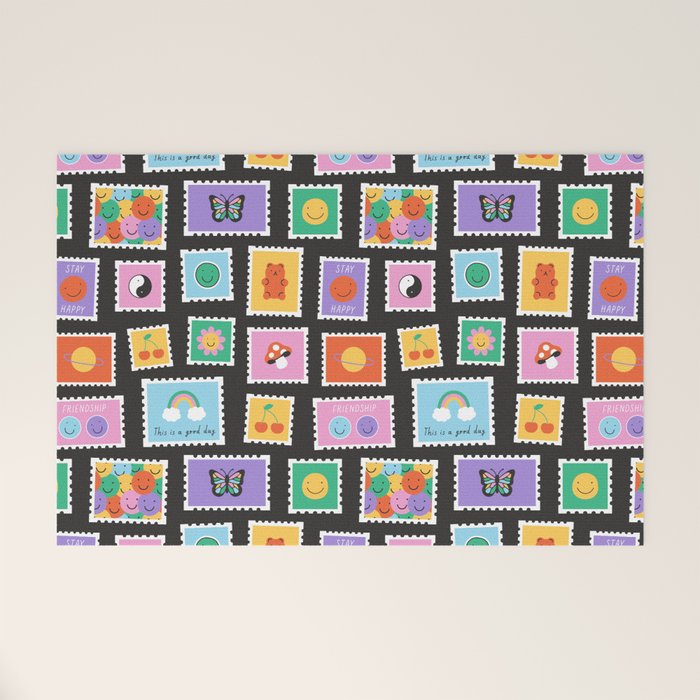 Retro funny cartoon postage stamp sticker pattern Welcome Mat Gallery Image 1
