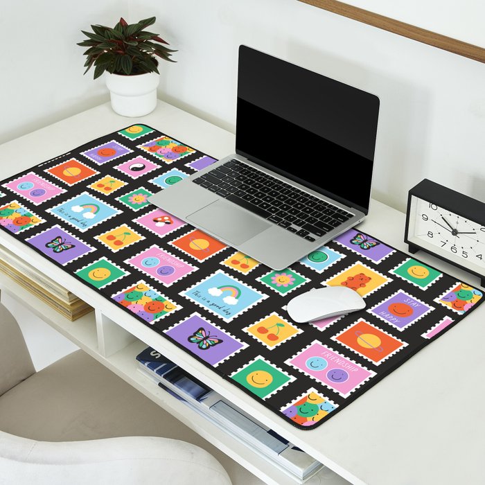Retro funny cartoon postage stamp sticker pattern Desk Mat Gallery Image 2