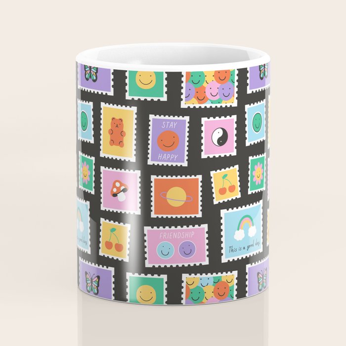 Retro funny cartoon postage stamp sticker pattern Coffee Mug Gallery Image 4