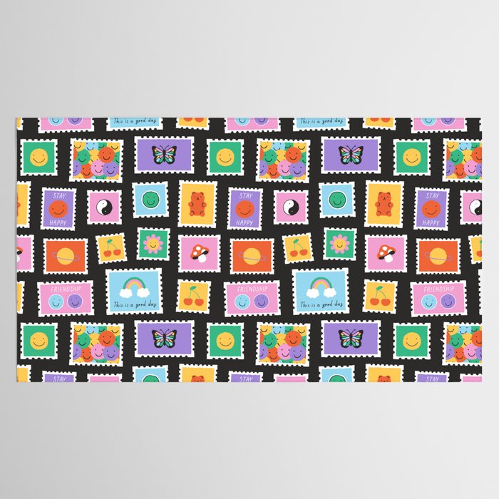 Retro funny cartoon postage stamp sticker pattern Tablecloth Gallery Image 2
