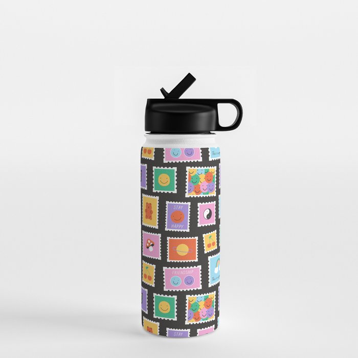Retro funny cartoon postage stamp sticker pattern Water Bottle Gallery Image 1
