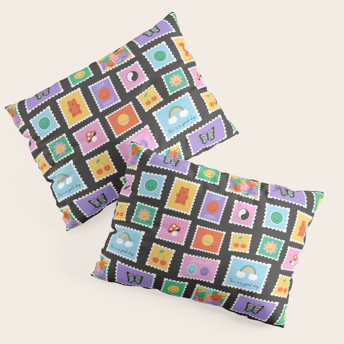Retro funny cartoon postage stamp sticker pattern Pillow Sham Gallery Image 1