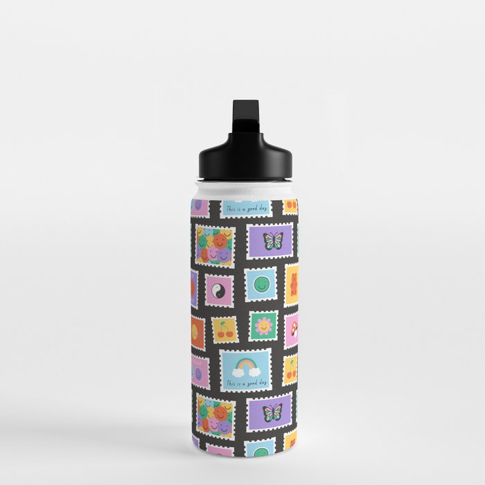 Retro funny cartoon postage stamp sticker pattern Water Bottle Gallery Image 3