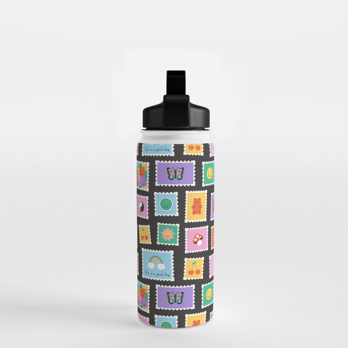Retro funny cartoon postage stamp sticker pattern Water Bottle Gallery Image 2