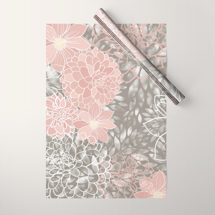 Floral Dahlias, Blush Pink, Gray, White Wrapping Paper Gallery Image 1