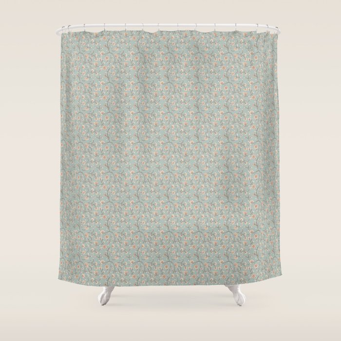 Ditsy Trailing Block Print Floral - Light Sage Green Shower Curtain Gallery Image 1