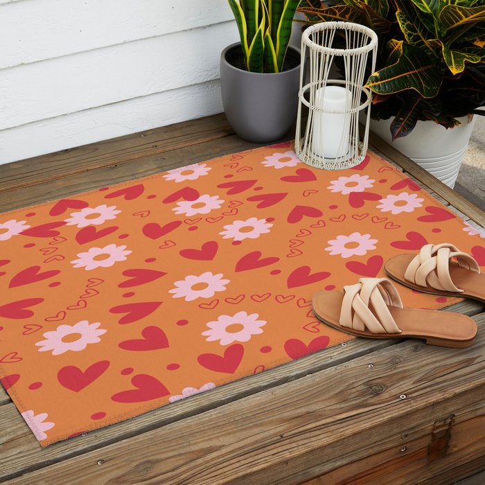 Hearts and Flowers on Orange Outdoor Rug Gallery Image 2