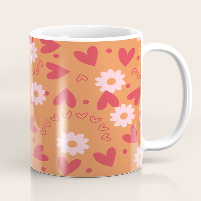 Hearts and Flowers on Orange Coffee Mug Gallery Image 1