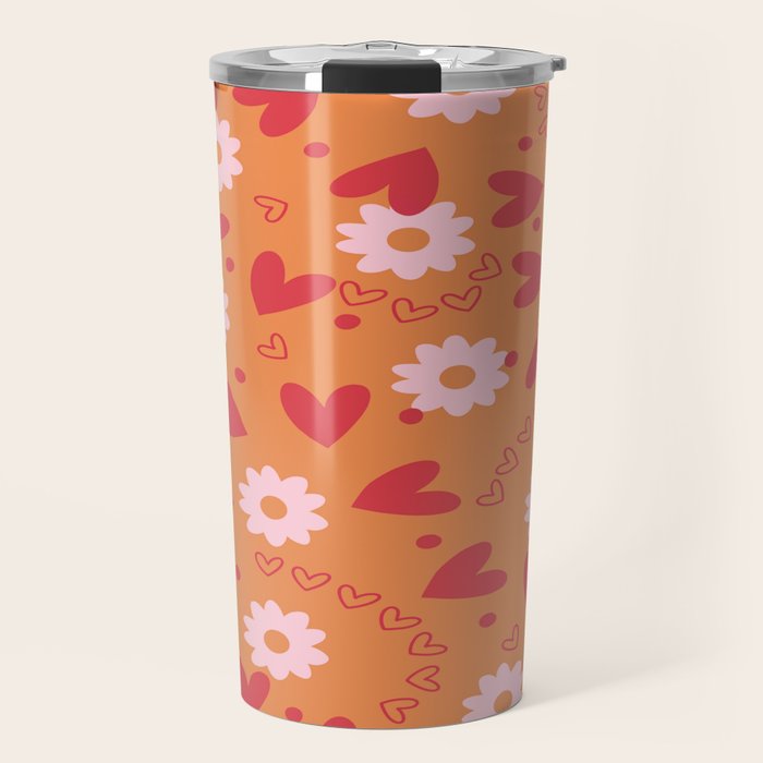 Hearts and Flowers on Orange Travel Mug Gallery Image 1