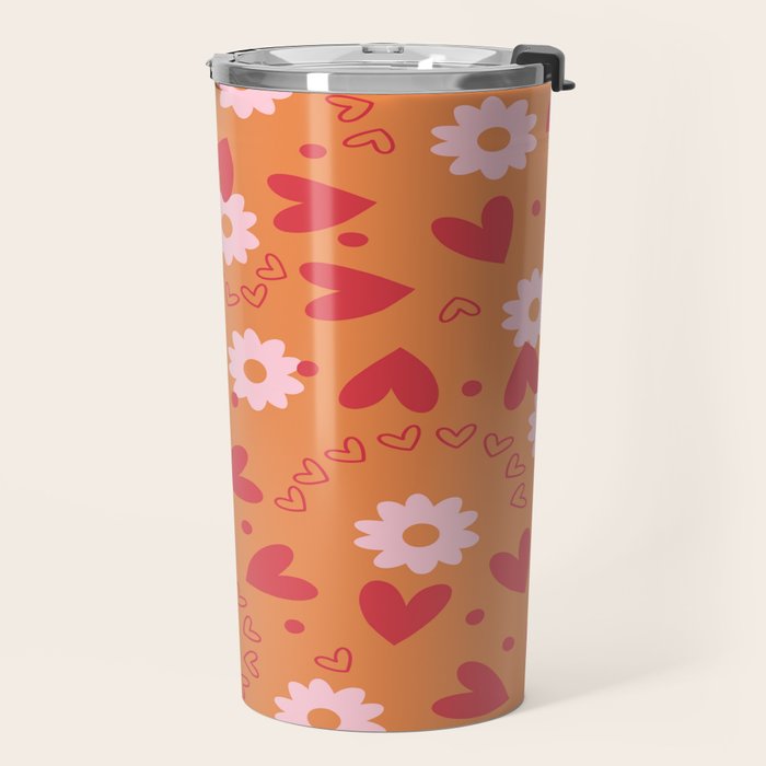 Hearts and Flowers on Orange Travel Mug Gallery Image 2