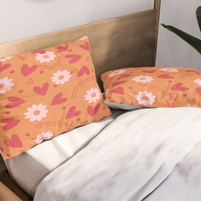 Hearts and Flowers on Orange Pillow Sham Gallery Image 2