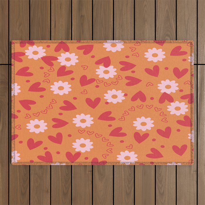 Hearts and Flowers on Orange Outdoor Rug Gallery Image 1