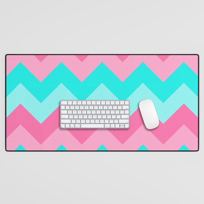 Hot Pink Turquoise Aqua Blue Chevron Zigzag Pattern Print Desk Mat Gallery Image 1