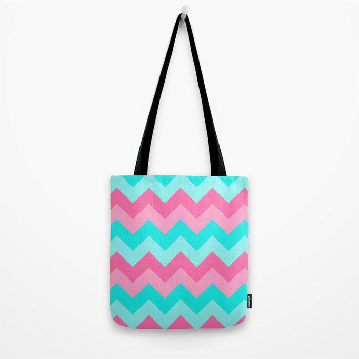 Hot Pink Turquoise Aqua Blue Chevron Zigzag Pattern Print Tote Bag Gallery Image 2