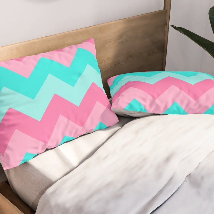 Hot Pink Turquoise Aqua Blue Chevron Zigzag Pattern Print Pillow Sham Gallery Image 2