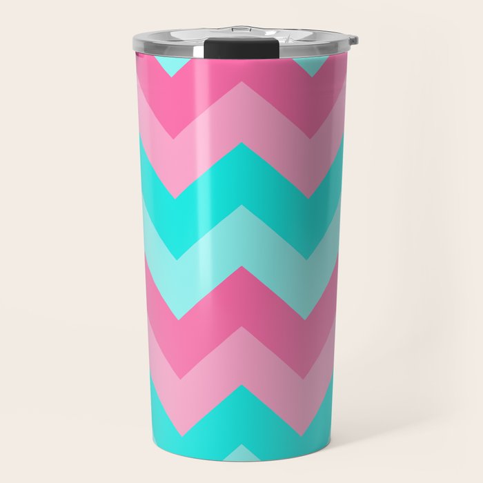 Hot Pink Turquoise Aqua Blue Chevron Zigzag Pattern Print Travel Mug