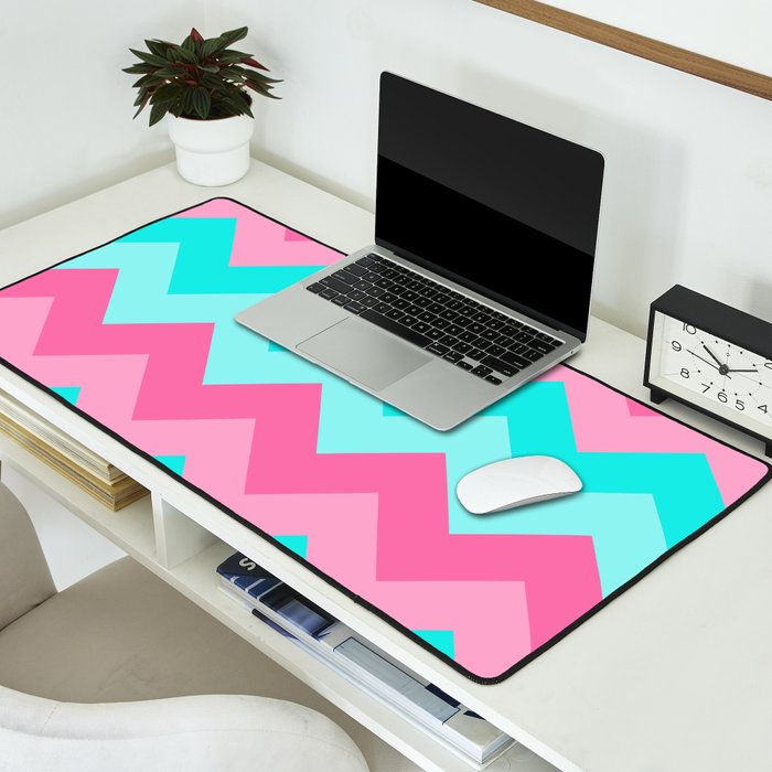 Hot Pink Turquoise Aqua Blue Chevron Zigzag Pattern Print Desk Mat Gallery Image 2