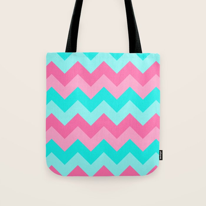 Hot Pink Turquoise Aqua Blue Chevron Zigzag Pattern Print Tote Bag Gallery Image 1