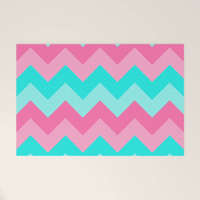 Hot Pink Turquoise Aqua Blue Chevron Zigzag Pattern Print Welcome Mat Gallery Image 1
