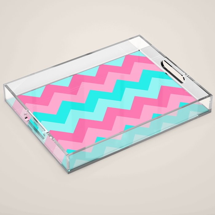 Hot Pink Turquoise Aqua Blue Chevron Zigzag Pattern Print Acrylic Tray Gallery Image 1
