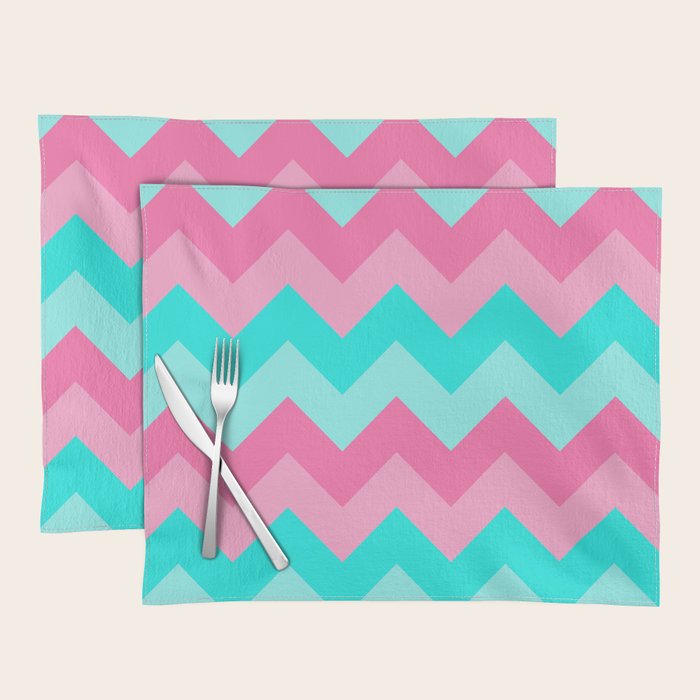 Hot Pink Turquoise Aqua Blue Chevron Zigzag Pattern Print Placemat Gallery Image 1