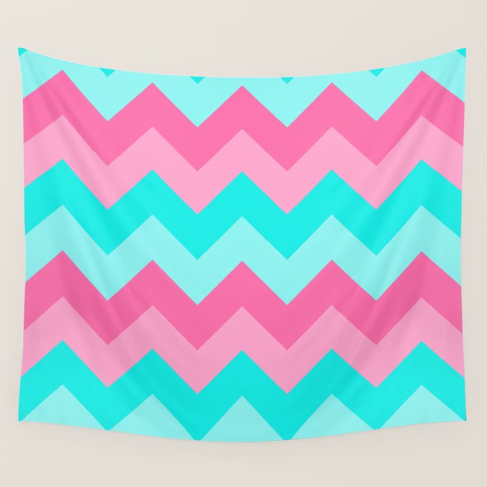 Hot Pink Turquoise Aqua Blue Chevron Zigzag Pattern Print Wall Tapestry