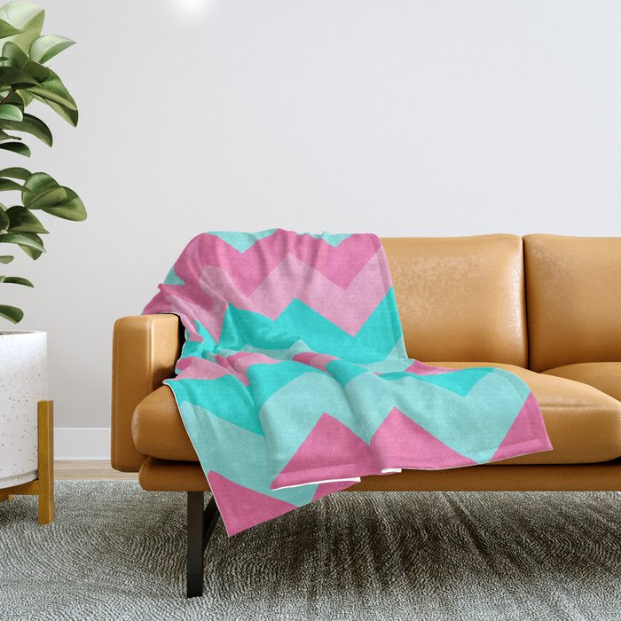 Hot Pink Turquoise Aqua Blue Chevron Zigzag Pattern Print Throw Blanket Gallery Image 1