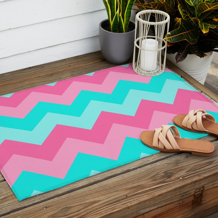 Hot Pink Turquoise Aqua Blue Chevron Zigzag Pattern Print Outdoor Rug Gallery Image 2