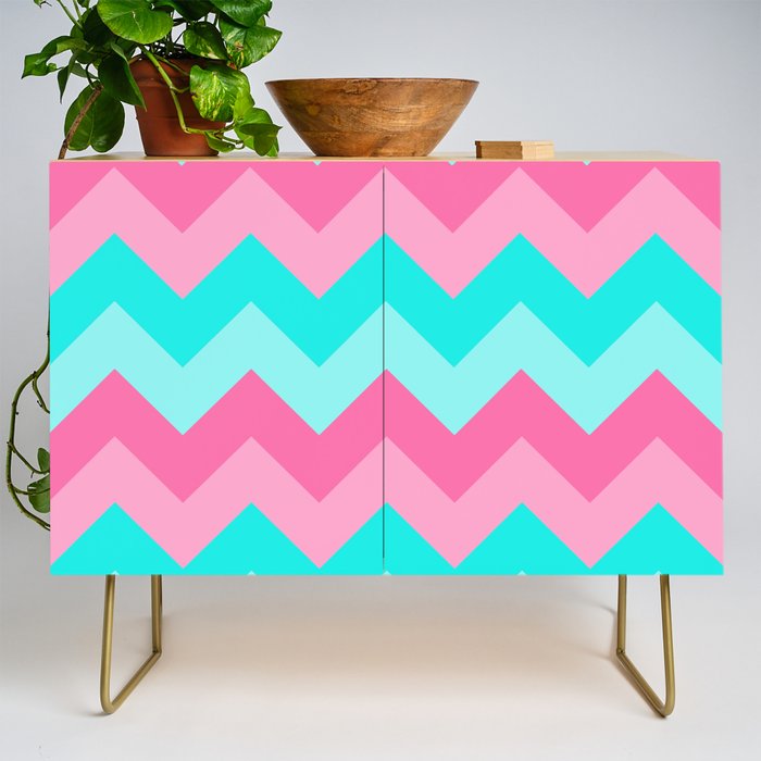 Hot Pink Turquoise Aqua Blue Chevron Zigzag Pattern Print Credenza Gallery Image 1