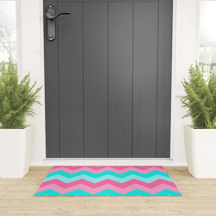 Hot Pink Turquoise Aqua Blue Chevron Zigzag Pattern Print Welcome Mat Gallery Image 3