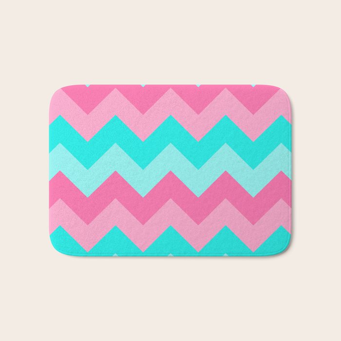 Hot Pink Turquoise Aqua Blue Chevron Zigzag Pattern Print Bath Mat Gallery Image 1