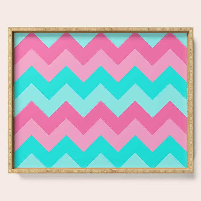 Hot Pink Turquoise Aqua Blue Chevron Zigzag Pattern Print Serving Tray Gallery Image 1